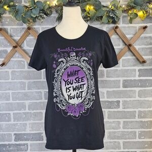 Beautiful Disaster Skull Rose Graphic Mirror Tee Womens XL Fits M L Black *READ*